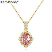 Kemstone 925เงินสเตอร์ลิงสีชมพูคริสตัลรูปไข่ชุบทองจี้สร้อยคอผู้หญิงเครื่องประดับของขวัญ