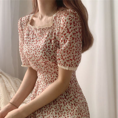 Sweet Women Summer Dress Lace Floral Dress Square Collar Dress for Women Elegant Vintage High Waist Long Dresses Vestidos 14391