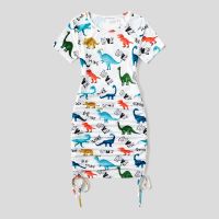 【YF】 PatPat Family Matching Outfits Allover Dinosaur Print Drawstring Ruched Bodycon Dresses and Short-sleeve T-shirts Sets