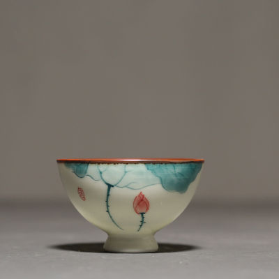 Jianzhan ชุดชาดอกบัวสีชมพูวาดด้วยมือสีเขียวแช่ถ้วยชากังฟูชุดชาถ้วยหลักชาเครื่องเซรามิคศิลาดลเดียวถ้วยชา Qianfun