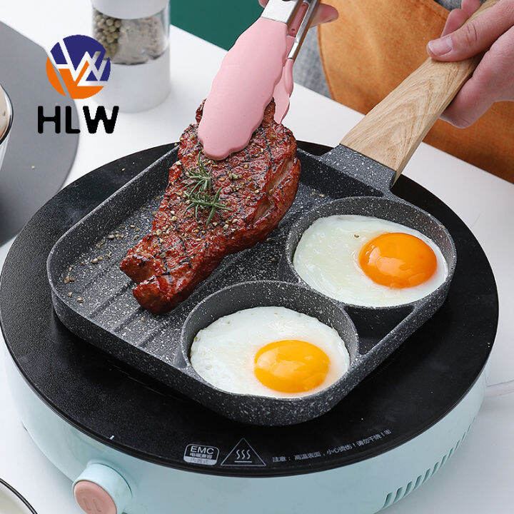 En aluminium 4 Hole Frying Pan Non Stick Breakfast Burger Egg Pancake Maker  Wooden Handle Medical Stone Four Hole Omelet Pan