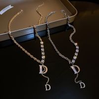 【DT】hot！ D Pendant Necklace Rhinestone Chain 2023 New Gold-color Silver-color Neck Jewelry