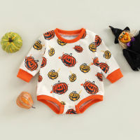 【Forever CY Baby】Baby Romper, Halloween Smiley Pumpkin Print Round Neck Long Sleeve Bodysuit For Girls Boys, 0-24 Months