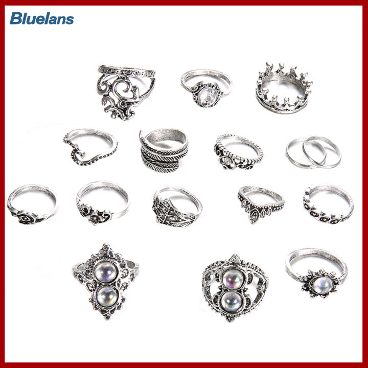 Bluelans®16ชิ้น/เซ็ตย้อนยุค Boho Hamsa สวมมงกุฎนิ้วกลางเครื่องประดับแหวนวงบาง