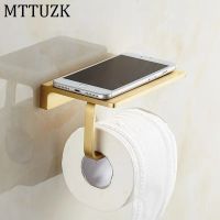 MTTUZK Brushed Gold Paper Holder with Shelf Wall Mounted Mobile Phone Paper Towel Holder Decorative Bathroom Roll Paper Holder Docks Stands