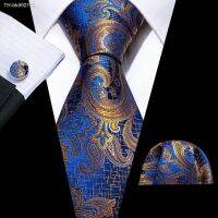 ▪♂◐ Exquisite Blue Gold Ties For Men Paisley Jacquard Neck-Tie Cufflinks Pocket Square Set Party Wedding Business Barry.Wang FA-6407