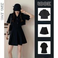 COD tjjs079 Womens Summer Short Sleeve Suit High Waist Pleated Skirt Black 2PCS