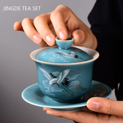 เซรามิกย้อนยุค Gaiwan ถ้วยน้ำชาเดินทางแบบพกพาที่ทำด้วยมือชาหม้ออบจีนพอร์ซเลน T Eaware อุปกรณ์ Drinkware ส่วนบุคคลถ้วย