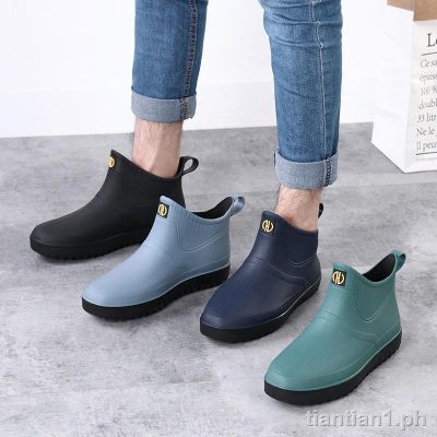 &lt;Rain boots&gt; Fashion non-slip short tube rain boots men s water shoes plus velvet flat kitchen work rubber thick-soled low-top boots&lt;