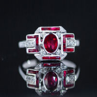 Ruby Diamond Ring แหวนเพชรทับทิม ทับทิมแท้สีแดงสด เนื้อสะอาดมาก ประดับเพชรแท้น้ำ96-97 ตัวเรือนเป็นทองขาว18k