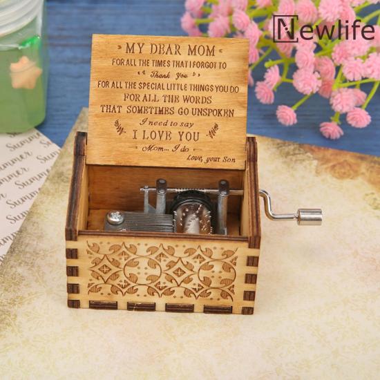 Retro wood hand cranked music box carved kid child birthday gift home decor - ảnh sản phẩm 1