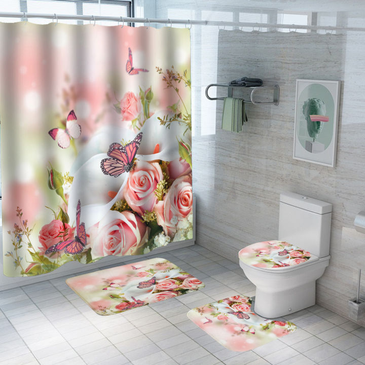 pink-blue-rose-butterfly-shower-curtain-set-bathroom-bathing-screen-anti-slip-toilet-lid-cover-car-rugs-kitchen-home-decor