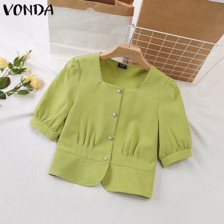 vonda-เสื้อเบลาส์ลําลอง-แขนพัฟ-คอสี่เหลี่ยม-ติดกระดุม-สีพื้น-สไตล์เกาหลี-สําหรับผู้หญิง