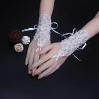 ◕ ST07/ Length19cm white lace rhinestone gloves fingerless gloves fingerless wedding gloves Lace beaded wedding match