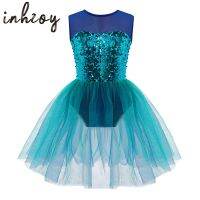 ✐◘☞ Kids Girls Dance Leotard Dress Ballet Figure Skating Shiny Sequins Bodice Open Back Mesh Tutu Dress Costume