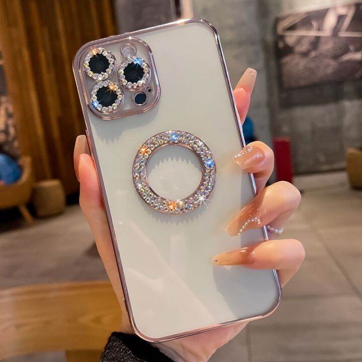 เคสโทรศัพท์โปร่งใสแวววาวหรูหราพลอยเทียมใหม่สำหรับ-iphone-11-12-13-pro-max-x-xr-xs-กันกระแทกเลนส์กล้องถ่ายรูปทองเคสโทรศัพท์ด้านหลัง