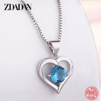 ❡ ZDADAN 925 Sterling Silver Heart Blue Crystal Necklace For Women Charm Party Jewelry Accessory