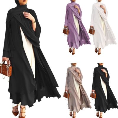 【CW】 Muslim Sleeve Flowy Cardigan Front Kimono Abaya Robe Color Belted Loose Cover Up