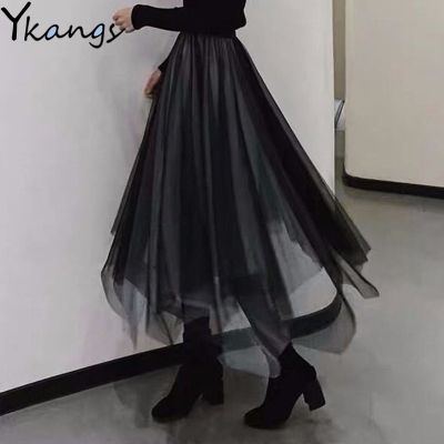 ขายดีที่สุด ioztt2023 -  Gothic Black Tulle Patchwork กระโปรงยาวไม่สม่ำเสมอ Elastic High เอว A-Line ตาข่ายจีบ Midi กระโปรง Vintage Punk Streetwear