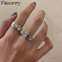 Foxanry Silver Color Smiley Face Rings for Women Creative Trendy Irregular Pattern Party Jewelry Halloween Gifts