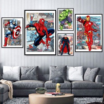 ☌ Marvel ภาพยนตร์ Avengers โปสเตอร์ผ้าใบ Spiderman Iron Man Hulk Wall Art ภาพวาดพิมพ์ภาพห้องนอนห้องนั่งเล่นตกแต่งภาพจิตรกรรมฝาผนัง