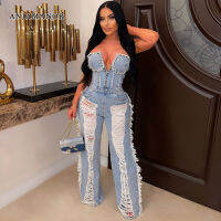 ANJAMANOR Studded ล้าง Denim Jumpsuit ผู้หญิง2023แฟชั่นเซ็กซี่ s Ripped กางเกงยีนส์ Tube Top ขากว้าง Jumpsuits D82-AAZ86