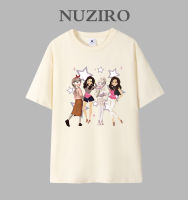 NUZIRO เสื้อยืดแขนสั้นทรงหลวมสำหรับผู้หญิงพิมพ์ลายสวยงามทำจากผ้าฝ้ายเกาหลี