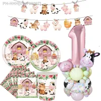 1Set Pink Farm Animal Disposable Tableware Paper Banners Cake Toppers for Girls Farm Animal Themed Birthday Party Decorations