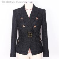 ♟◙▬ sdeifhruhvfu Casaco de terno trespassado manga longa feminino jaqueta curta Tweed seda brilhante blazers elegantes preto alta qualidade novo para primavera outono