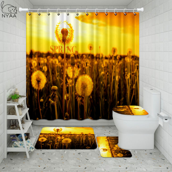 classic-dandelion-flower-painting-shower-curtain-set-pink-rose-waterproof-for-bathroom-toilet-cover-mat-non-slip-rug-birds-decor