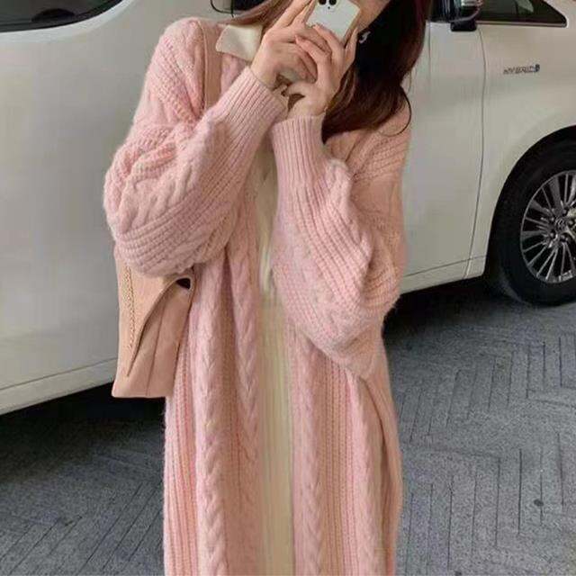 เสื้อสเวตเตอร์ถักสำหรับผู้หญิง-คาร์ดิแกนเสื้อแจ็คเก็ตชุดฤดูหนาวถักคาร์ดิแกนเสื้อสเวตเตอร์แขนยาวทรงหลวมสไตล์เกาหลีหรูหราเสื้อโค้ตลำลองหวานมาใหม่