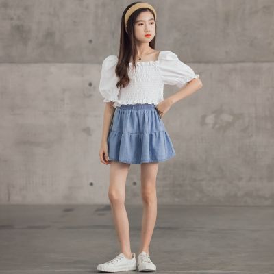 [COD] 2021 summer new girls suit Korean version of childrens medium and big short sleeve denim