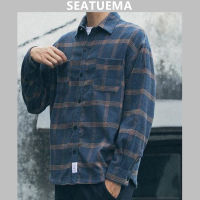 SEATUEMA เสื้อเชิ้ตลายสก๊อตลายทางของผู้ชายเสื้อแขนยาวรัดรูปหลวมเทรนด์ลำลองสำหรับวัยรุ่น