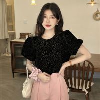 High-end and fashionable western style top-grade small shirt womens unique chic design puff short sleeve velvet semi-transparent top summer