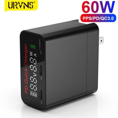 URVNS 60W USB C Gan เครื่องชาร์จติดผนัง3พอร์ต Type-C PD60W 45W 30W อะแดปเตอร์พร้อมพลังงานเร็วหน้าจอ LCD สำหรับโทรศัพท์ Macbook