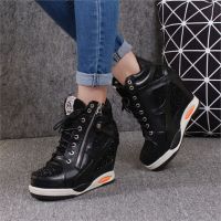 Womens Leather Wedges high top sneakers Height Increase Platform Casual Fashion Woman Zipper Vulcanized Shoes Thick Bottom 5810