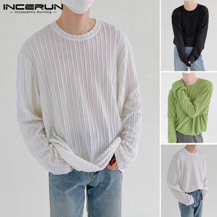 incerun-เสื้อยืดแฟชั่นผู้ชายคอกลมแขนยาวสีพื้น-3สี