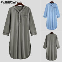 INCERUN Men Sleep Robes 2022 Long Sleeve V Neck Button Homewear Leisure Cozy Bathrobe High Quality Mens Nightgown Pajamas Dress