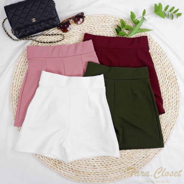 pw001-tara-short-กางเกงขาสั้น-เอวสูง-มีขอบเอว-ตีเกร็ดหน้า-ไม่มีกระเป๋าข้าง-เนื้อผ้าวูลเวฟ-ผ้ายืด-ใส่สบาย