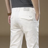 Autumn New Mens White Straight Casual Pants 97% Cotton High Quality Comfortable Fashion Business Elastic Trousers Male