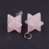 1pc Natural Rose Quartz Pendants with 201 Stainless Steel Split Rings Merkaba Star 22-23x16.5-17x19mm Hole: 6mm