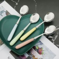 4pcs Ceramic Handle Dinner Spoon Macaroon Color Dessert Spoon Stainless steel Ice Cream Cake Salad Spoons set Korean Tablespoon Serving Utensils