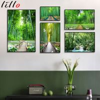 Forest Wooden Bridge Wall Modern minimalist green bamboo forest landscape painting Chinese style living room decoration painting