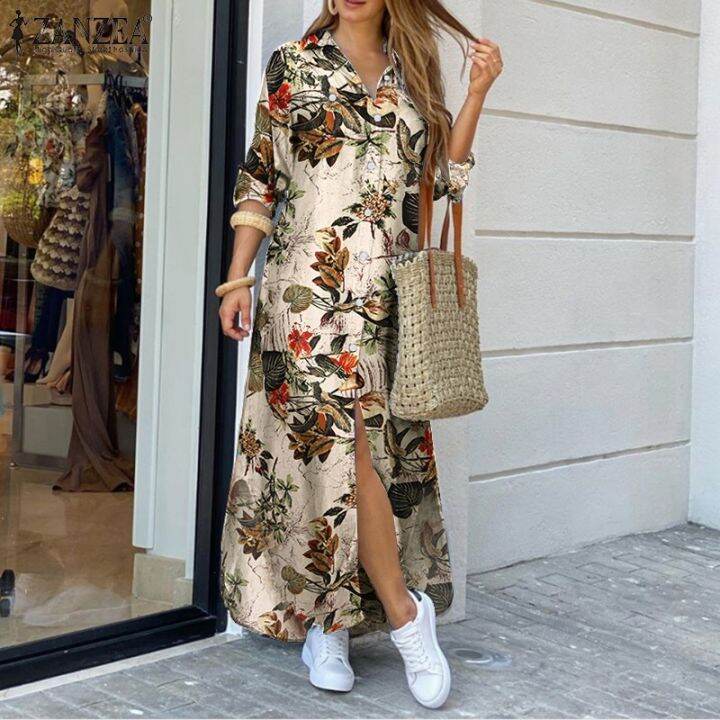 zanzea-women-loose-buttons-lapel-long-sleeve-flower-printed-maxi-dress