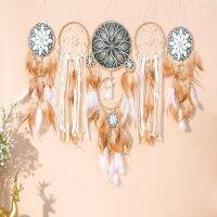 YH4F 5Pcs ขนนกสีขาว แฮนด์เมด Boho Dream catchers แบบดั้งเดิมดั้งเดิม อูฐอูฐ ที่แขวนผนัง Dream Catcher ของใหม่ ดวงจันทร์และดวงอาทิตย์ CAMEL Braid Dream catchers Decor ห้องนอนสำหรับเด็ก