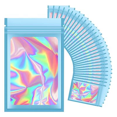 100Pcs Resealable Holographic Bags, Smell Proof Mylar Pouch with Clear Window for Food Storage Party Favor Business