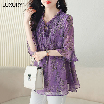 LUXURY Queen High End Luxury Top for Womens Summer 2023 New Beautiful Small Shirt with Foreign Style High End Short Sleeve Chiffon Blouse