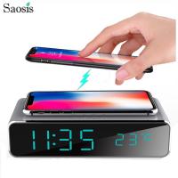 Saosis 【ลดราคา】นาฬิกาปลุกไฟฟ้า LED พร้อมโทรศัพท์ Qi Wireless Charger Desk เครื่องวัดอุณหภูมิดิจิตอล HD Mirror date 12/24 H