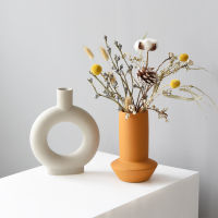 （HOT) Nordic Morandi สีศิลปะสร้างสรรค์สมัยใหม่ดอกไม้แห้งแจกันเซรามิกของตกแต่งบ้านเครื่องประดับดอกไม้เรขาคณิต