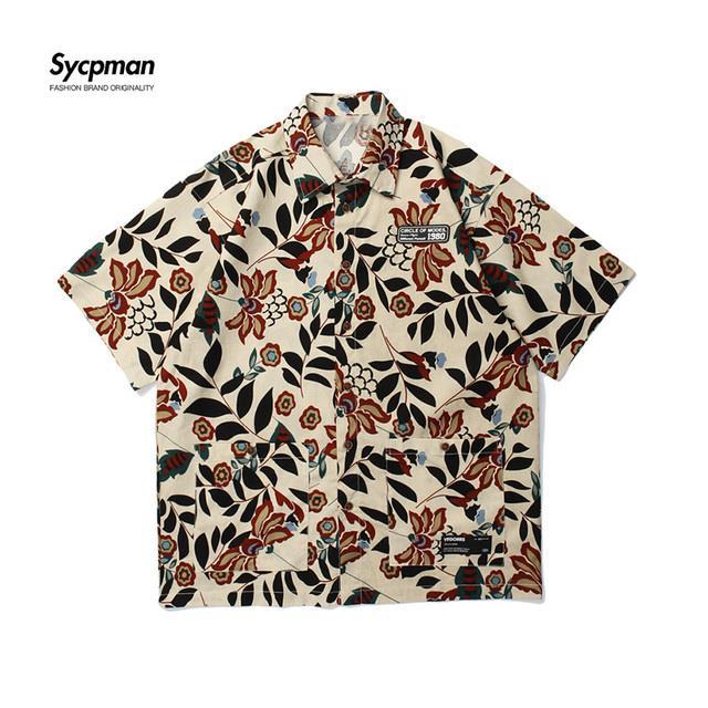 sycpman-เสื้อเชิ้ตแขนดอกไม้พิมพ์สั้นสำหรับผู้หญิง-อเมริกาแบบย้อนยุคโอเวอร์ไซส์ผ้าคอตตอนทรงหลวมฮิปฮอปลำลองสำหรับผู้ชาย